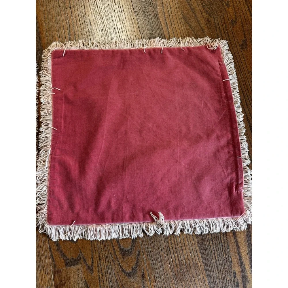 Vintage Needlepoint Pillow Covers With Velvet Backing & Fringe Basket Of Flowers